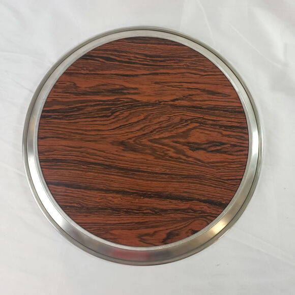 Vintage MCM Stieff Pewter Round Serving Tray Formica Woodgrain Barware 16" - Picture 3 of 6